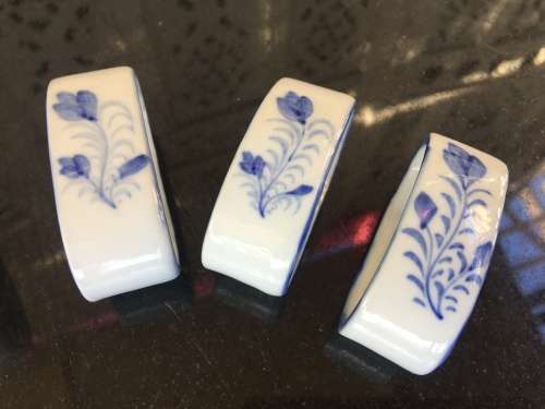 Blue & White Painted Porcelain Napkin Ring Holders