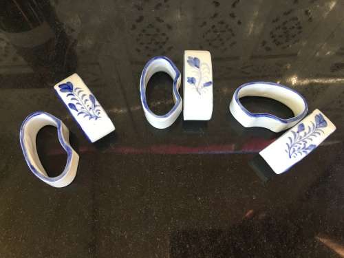 Blue & White Painted Porcelain Napkin Ring Holders