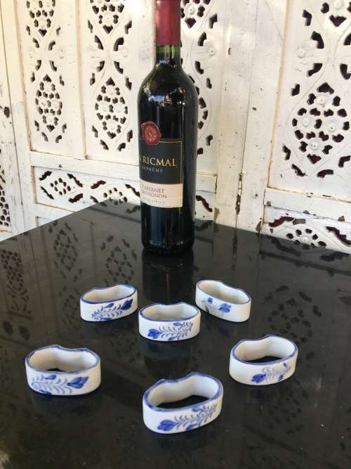 Blue & White Painted Porcelain Napkin Ring Holders