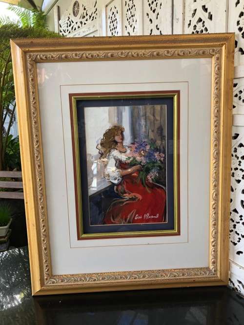 INVESTMENT ART !!! ESTE MOSTERT (1959- ) STUNNING FRAMED PASTEL ON PAPER - LADY WITH BOUQUET