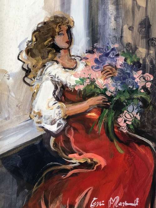 INVESTMENT ART !!! ESTE MOSTERT (1959- ) STUNNING FRAMED PASTEL ON PAPER - LADY WITH BOUQUET