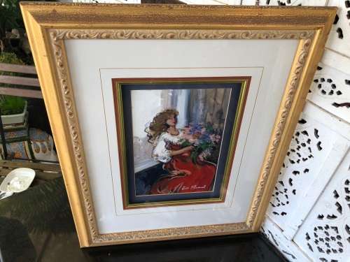 INVESTMENT ART !!! ESTE MOSTERT (1959- ) STUNNING FRAMED PASTEL ON PAPER - LADY WITH BOUQUET