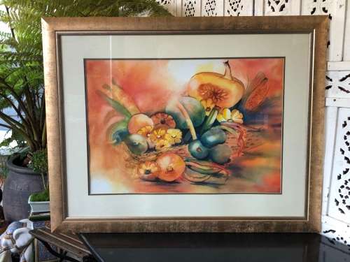 BEAUTIFULLY LARGE FRAMED WATERCOLOUR STILL LIFE PAINTING SIGNED MATTIAS - FRAMED BEHIND GLASS