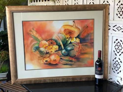 BEAUTIFULLY LARGE FRAMED WATERCOLOUR STILL LIFE PAINTING SIGNED MATTIAS - FRAMED BEHIND GLASS