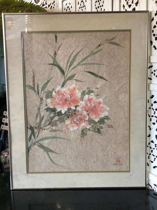 SHIRLI GEERE (SA 20th C) AMAZING FRAMED WATERCOLOR STILL LIFE ON RICE PAPER - SIGNED AND STAMPED