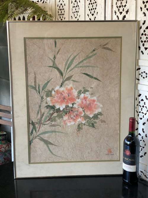 SHIRLI GEERE (SA 20th C) AMAZING FRAMED WATERCOLOR STILL LIFE ON RICE PAPER - SIGNED AND STAMPED