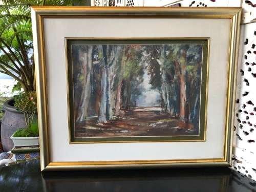 HEIDI BEYERS (SA 1955 - ) STUNNING PASTEL PAINTING - PATH THROUGH THE BLUEGUM TREE'S - FRAMED