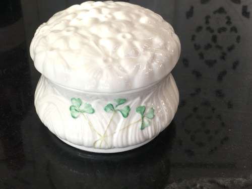 c1863-1891 Belleek China Irish Symbols Ivory & Green Lidded Container.