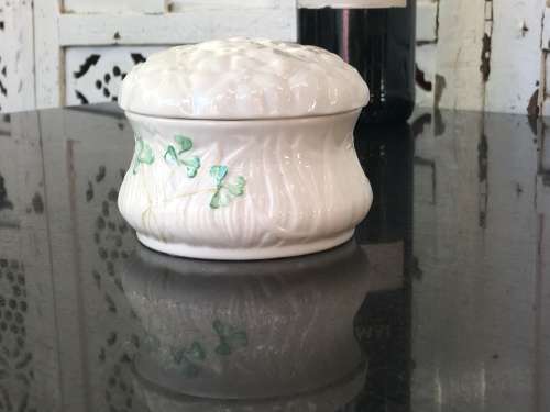 c1863-1891 Belleek China Irish Symbols Ivory & Green Lidded Container.