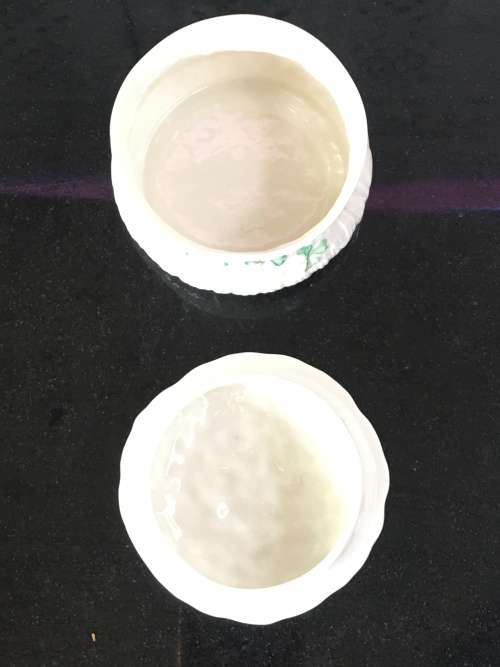 c1863-1891 Belleek China Irish Symbols Ivory & Green Lidded Container.