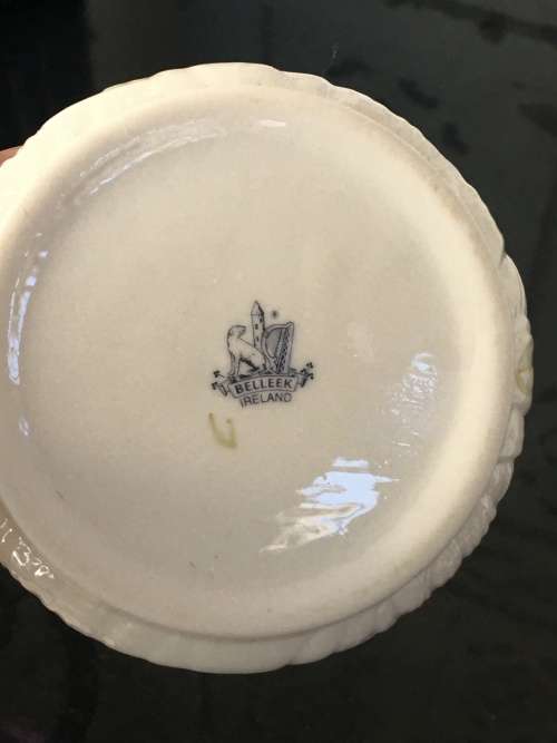 c1863-1891 Belleek China Irish Symbols Ivory & Green Lidded Container.
