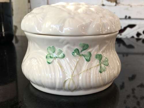 c1863-1891 Belleek China Irish Symbols Ivory & Green Lidded Container.