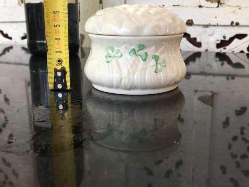 c1863-1891 Belleek China Irish Symbols Ivory & Green Lidded Container.
