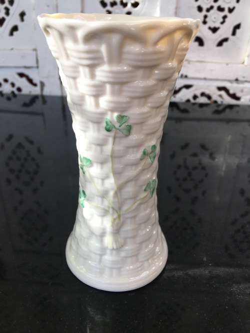 Vintage Belleek China Irish Symbols Ivory & Green Vase