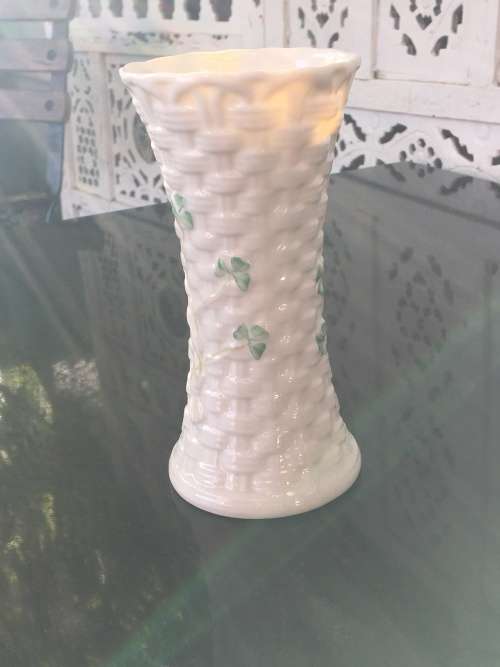 Vintage Belleek China Irish Symbols Ivory & Green Vase