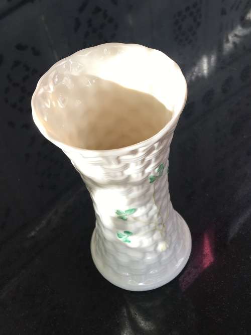 Vintage Belleek China Irish Symbols Ivory & Green Vase