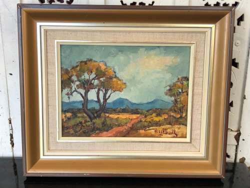 INVESTMENT ART !!! BERNARD FRANZ HESSELBARTH (SA 1903 - 1991) FRAMED LANDSCAPE OIL ON CANVAS BOARD