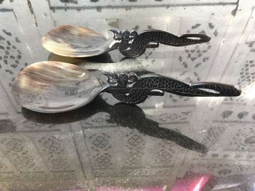 Vintage Carved & Polished Water Buffalo Horn Spoons With Dragon Handle Oriental