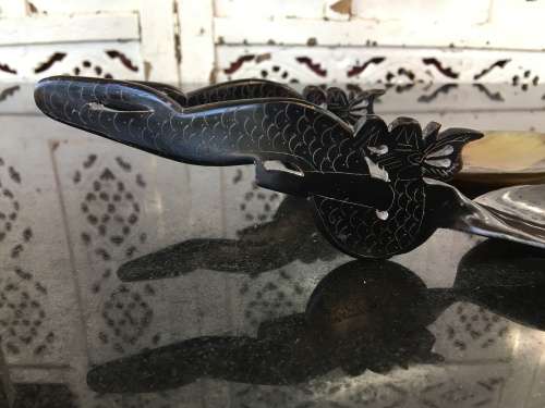 Vintage Carved & Polished Water Buffalo Horn Spoons With Dragon Handle Oriental