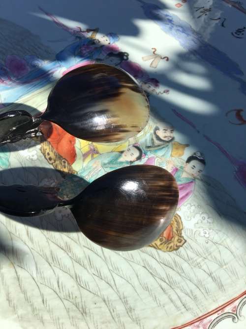 Vintage Carved & Polished Water Buffalo Horn Spoons With Dragon Handle Oriental