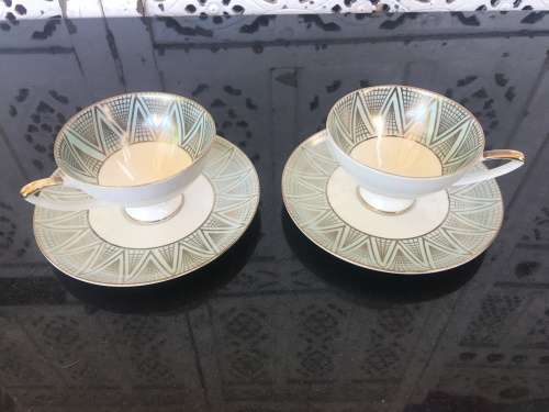 Rare Set c1930s Alka Bavaria Germany Blue & Gold Gilt Demitassi Cups & Saucers