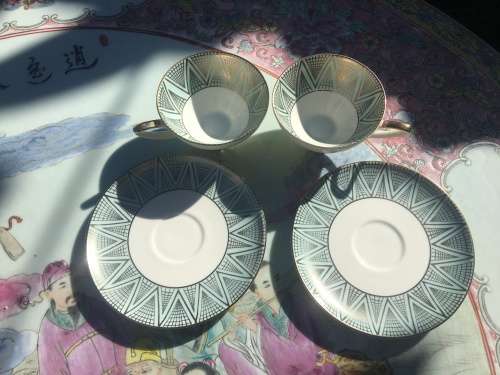 Rare Set c1930s Alka Bavaria Germany Blue & Gold Gilt Demitassi Cups & Saucers