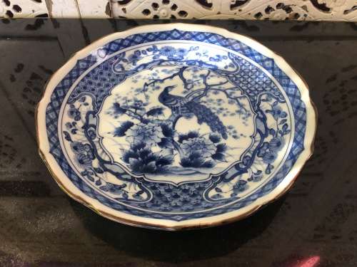 Old Marked Heavy Japanese Hand Painted Blue & White Peacock Plate 22cm