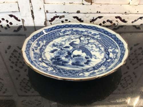 Old Marked Heavy Japanese Hand Painted Blue & White Peacock Plate 22cm