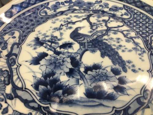 Old Marked Heavy Japanese Hand Painted Blue & White Peacock Plate 22cm