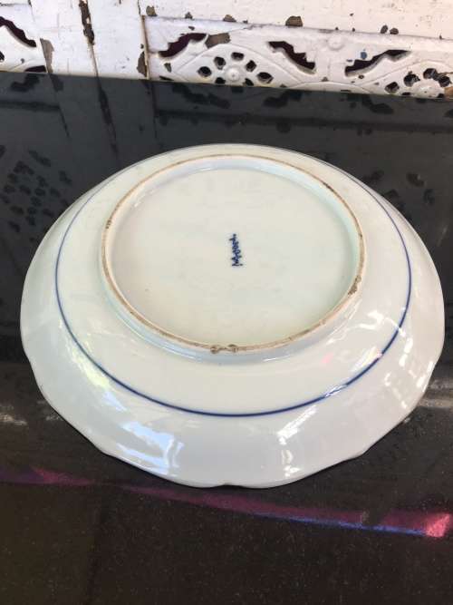Old Marked Heavy Japanese Hand Painted Blue & White Peacock Plate 22cm