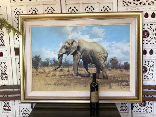 INVESTEMENT ART !!! NICO COETZEE (SA 20th CENTURY) GORGEOUS FRAMED OIL ON BOARD - ELEPHANT