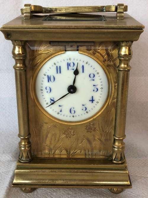 BRASS FRENCH CARRIAGE CLOCK WITH A BEAUTIFUL ENGRAVED FACE- SELLING AS IS - NO KEY AND NOT WORKING