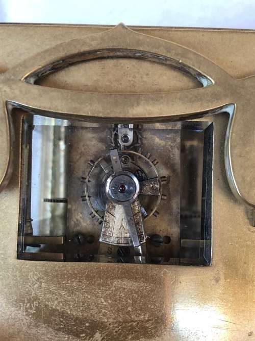 BRASS FRENCH CARRIAGE CLOCK WITH A BEAUTIFUL ENGRAVED FACE- SELLING AS IS - NO KEY AND NOT WORKING