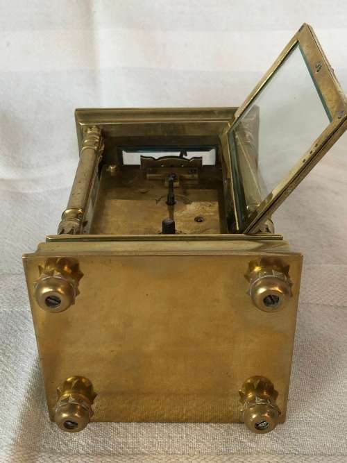 BRASS FRENCH CARRIAGE CLOCK WITH A BEAUTIFUL ENGRAVED FACE- SELLING AS IS - NO KEY AND NOT WORKING