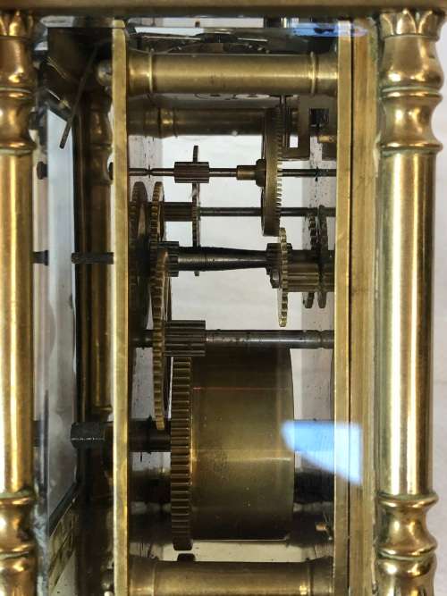 BRASS FRENCH CARRIAGE CLOCK WITH A BEAUTIFUL ENGRAVED FACE- SELLING AS IS - NO KEY AND NOT WORKING