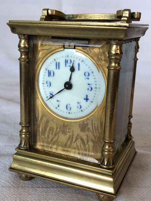 BRASS FRENCH CARRIAGE CLOCK WITH A BEAUTIFUL ENGRAVED FACE- SELLING AS IS - NO KEY AND NOT WORKING