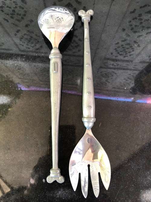 WOW !!! VINTAGE CARROL BOYES PEWTER SALAD SERVERS - SPOTTED ARIES PATTERN - CLEARLY MARKED
