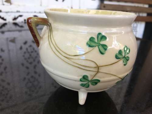 Vintage c 1926-1946 Belleek China Irish Symbols Ivory & Green Tripod Footed Sugar Bowl