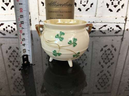 Vintage c 1926-1946 Belleek China Irish Symbols Ivory & Green Tripod Footed Sugar Bowl