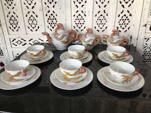 Vintage 24 pc Japanese Dragonware Moriage Geisha Lithophane Tea Set Nichi Hon (Nippon)