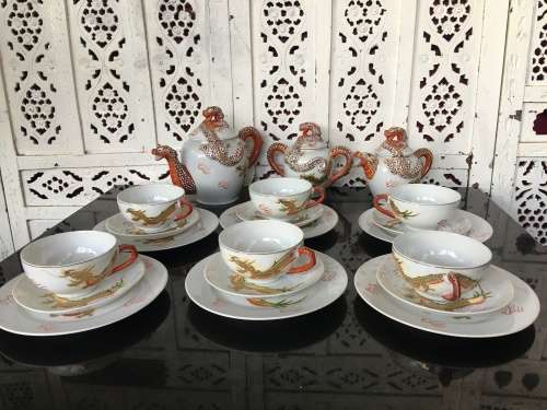 Vintage 24 pc Japanese Dragonware Moriage Geisha Lithophane Tea Set Nichi Hon (Nippon)