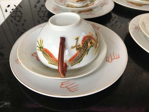 Vintage 24 pc Japanese Dragonware Moriage Geisha Lithophane Tea Set Nichi Hon (Nippon)