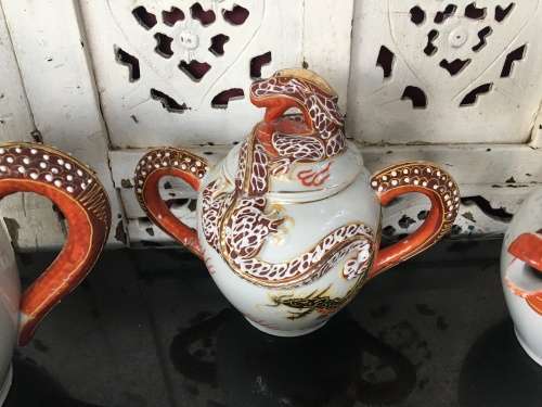 Vintage 24 pc Japanese Dragonware Moriage Geisha Lithophane Tea Set Nichi Hon (Nippon)