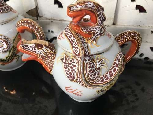 Vintage 24 pc Japanese Dragonware Moriage Geisha Lithophane Tea Set Nichi Hon (Nippon)