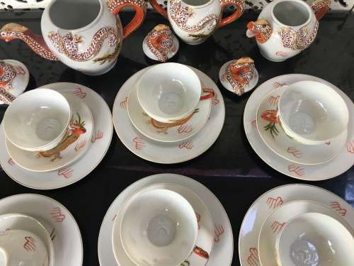 Vintage 24 pc Japanese Dragonware Moriage Geisha Lithophane Tea Set Nichi Hon (Nippon)