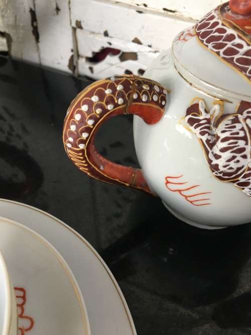 Vintage 24 pc Japanese Dragonware Moriage Geisha Lithophane Tea Set Nichi Hon (Nippon)
