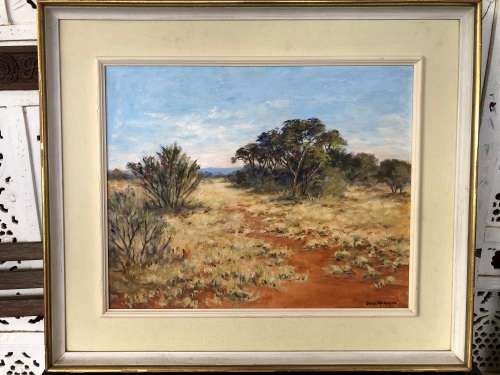 INVESTMENT ART !! OLIVE McINTYRE (SA 20th C) GORGEOUS FRAMED LANDSCAPE OIL ON BOARD - FRAMED