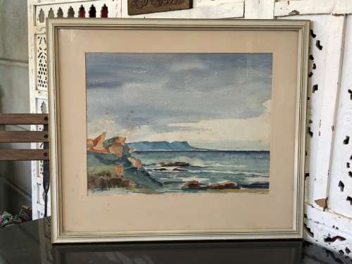 BEAUTIFUL OLD FRAMED WATERCOLOR PAINTING - FALSE BAY SEASCAPE - SIGNED DIEMONT - HAS SOME FOXING