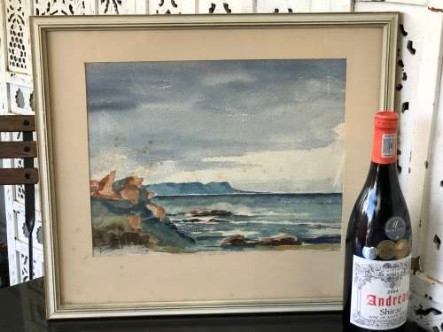 BEAUTIFUL OLD FRAMED WATERCOLOR PAINTING - FALSE BAY SEASCAPE - SIGNED DIEMONT - HAS SOME FOXING