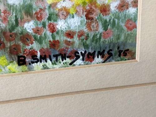 A STUNNER - FRAMED OIL ON CARD - BOTANICAL SCENE - BY B. SMITH-SYMMS DATED 1985 - BEAUTIFUL PIECE